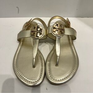 Tory Burch Metallic Gold Leather Flat Sandals - Medallion Logo Size 7